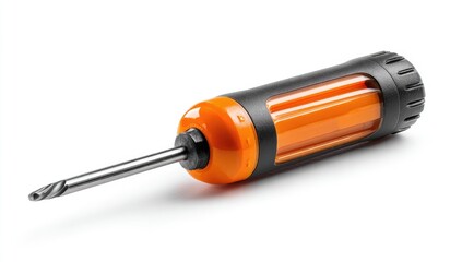 Orange and black screwdriver tool isolated on white, with shiny metal and clear handle