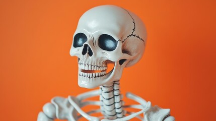 Spooky skeleton against a vibrant orange backdrop perfect for halloween themed designs and creative projects