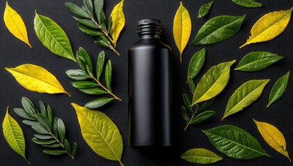 Black Bottle Elegance with Nature's Touch: A sleek, black bottle stands amidst an artful arrangement of vibrant leaves, representing beauty and sophistication. 