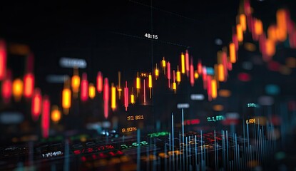 Close-up of a vibrant stock market graph displayed on a dark screen, showing fluctuating candlestick patterns and numerical data in shades of red, orange, and green