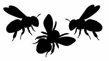 Three black silhouette bees with wings spread and legs visible against a white background in flight pose