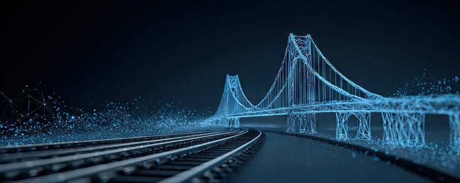Digital bridge and railway tracks, glowing blue, dark background, network lines