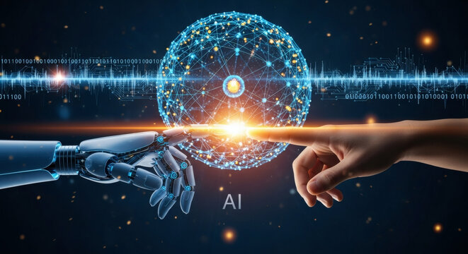 Futuristic interaction between a human and a robot, their fingers touching a glowing digital sphere representing artificial intelligence