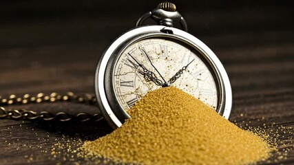 Vintage pocket watch surrounded by golden sand grains - Powered by Adobe