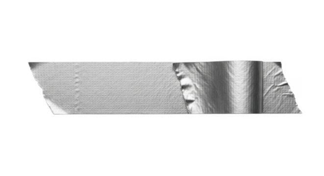 A piece of torn silver duct tape, showing textured surfaces and irregular edges against a white background.