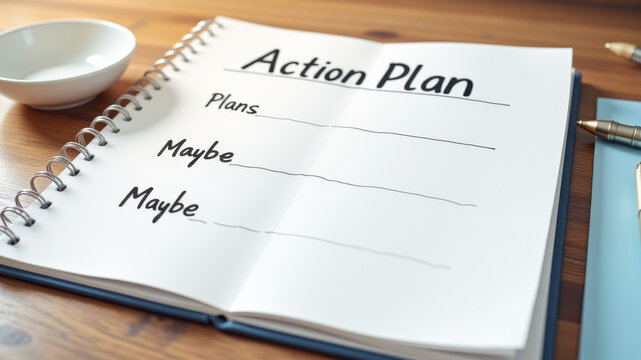 Open notebook page with action plan heading and list written in ink