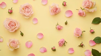 Fototapeta premium Pink roses and petals on yellow background