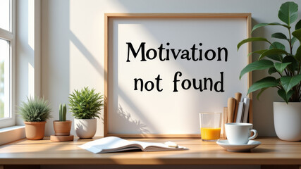 Desk with framed paper reading motivation not found in handwritten text