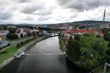 Obraz premium Strakonice castle and surrounding town in Bohemia captured from aerial panorama Czech republic