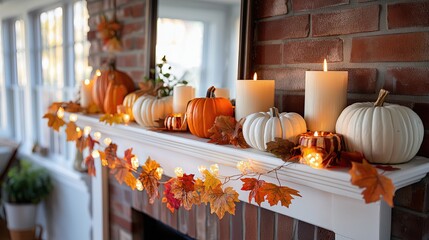 Festive autumn mantel decorated with white and orange pumpkins, candles, fall leaves and lights. Concept of cozy seasonal home decor, thanksgiving spirit and warm welcoming ambiance