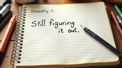 Open notebook with still figuring it out written on page with pencils beside