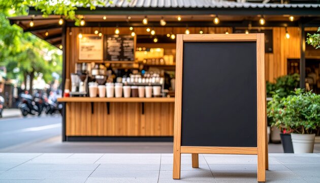 Blank wooden blackboard sign stands ready for customization in front of a charming, bustling outdoor cafe, perfect for announcing daily specials or welcoming patrons.