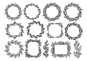 Collection of twelve hand drawn botanical wreaths and frames with floral elements in various shapes and sizes isolated on transparent background