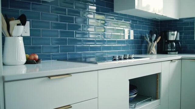 Modern kitchen with blue tile backsplash and white cabinets