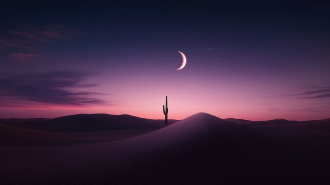 Desert nightscape with crescent moon and silhouetted cactus under twilight sky - Powered by Adobe