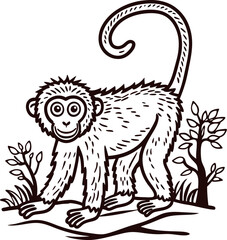 Obraz premium Hand drawn monkey standing on ground with curled tail and trees in background vintage engraved animal illustration