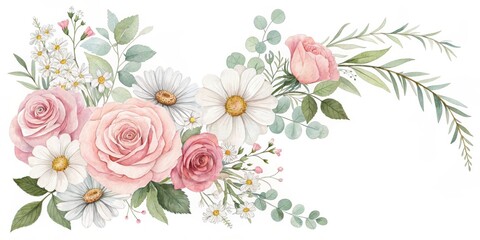 Obraz premium Delicate pink roses and daisies floral arrangement with greenery isolated on white background