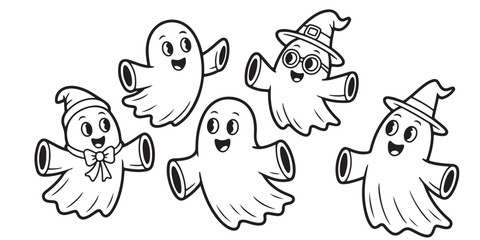 CUTE GHOST WEARING WITCH HAT outline coloring book page line art vector illustration