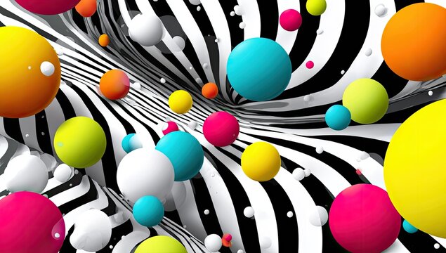 Vibrant spheres descend into a swirling black and white striped vortex