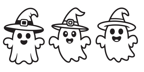 CUTE GHOST WEARING WITCH HAT outline coloring book page line art vector illustration