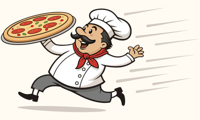 Running Pizza Chef Mascot Vector And Fast Pizza Delivery Cartoon