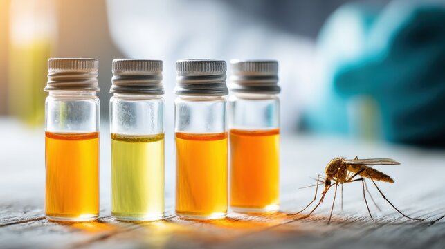 Four Liquid Vials with a Mosquito