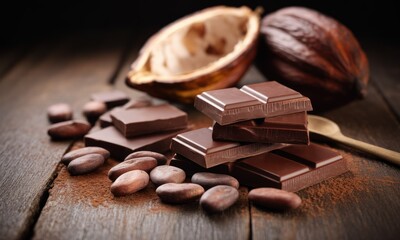 Dark chocolate bars and cocoa pods on a rustic wooden table