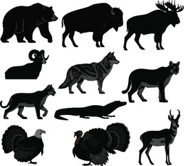need USA top 10 wild animals silhouette with white background.