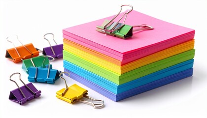 Stack of colorful sticky notes and paper clips isolated on white background school office stationery
