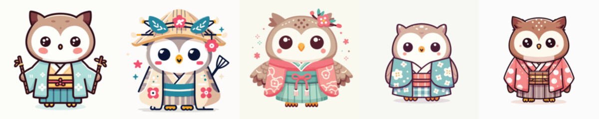 cute owl vector in kimono costume