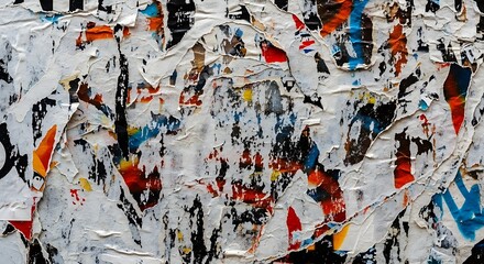 Fototapeta premium Detailed close-up view of a surface covered with torn and layered posters.