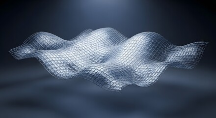 Abstract 3d wireframe mesh wave structure with glowing nodes and lines on dark background