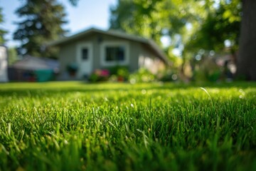 Close-up view of vibrant green lawn with a blurred house in background