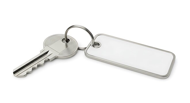 Silver key with blank rectangular tag isolated on white background