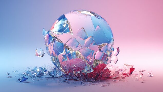 Shattered glass orb, pastel pink and blue background; fragments scattered, some still clinging - Powered by Adobe