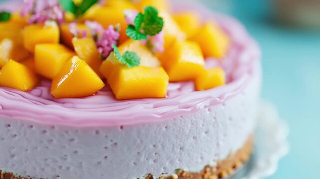 Purple mousse cake with creamy texture and biscuit crumb crust, topped with fresh mango cubes, edible flowers, and mint leaves, creating vibrant, sweet, and appetizing dessert perfect for summer