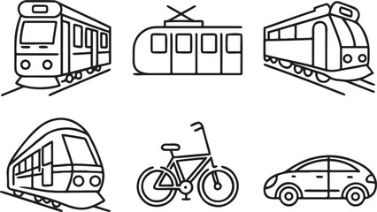 Obraz premium Public transport bicycle bus car line art vector icon set. Transportation flat black outline icons for Web and App. Editable illustration linear