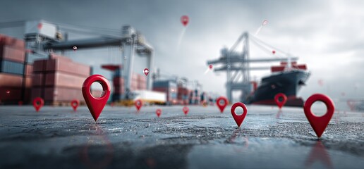 Global logistics visualized with red location markers on a dock, showcasing cargo ships and cranes