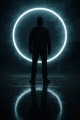 Fototapeta premium Silhouetted figure in front of luminous circle in dark atmospheric setting