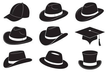 A diverse collection of black hat silhouettes, featuring various styles like fedora, cap, and top hat for vector design