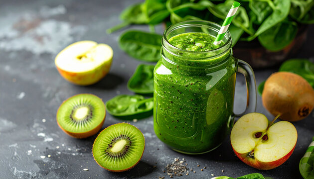 Green smoothie with spinach, kiwi and apple slices in mason jar. Healthy refreshing summer drink.