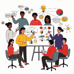 A diverse team of professionals collaboratively analyzes data and brainstorms innovative ideas during a productive business meeting, fostering strategic growth.