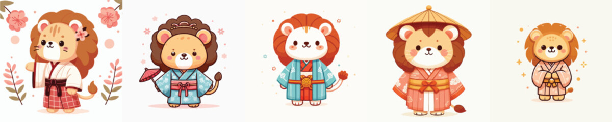 cute lion vector in kimono costume