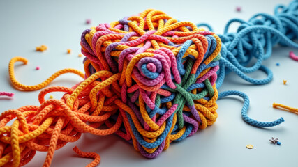 Colorful yarn threads tangled in playful ball on bright blue background