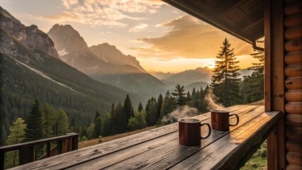 Cozy Wooden Cabin Balcony Overlooking Scenic Mountain Sunset V4