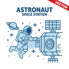 Astronaut floating in zero gravity inside the space station, working on technology, vector outline graphic illustration.