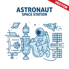 Astronaut in the space station conducting scientific experiments, space technology and exploration, vector outline graphic illustration.