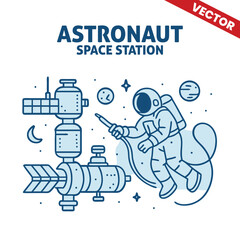 Astronaut fixing the satellite in the space station, vector outline graphic illustration of outer space.