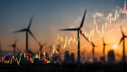 Silhouette of wind turbines at sunset overlaid with a rising stock market graph suggesting growth in renewable energy