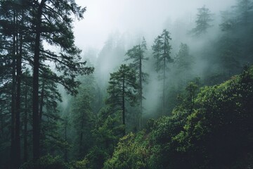 Misty mountain forest scene with tall, dark evergreens shrouded in fog, lush undergrowth visible below